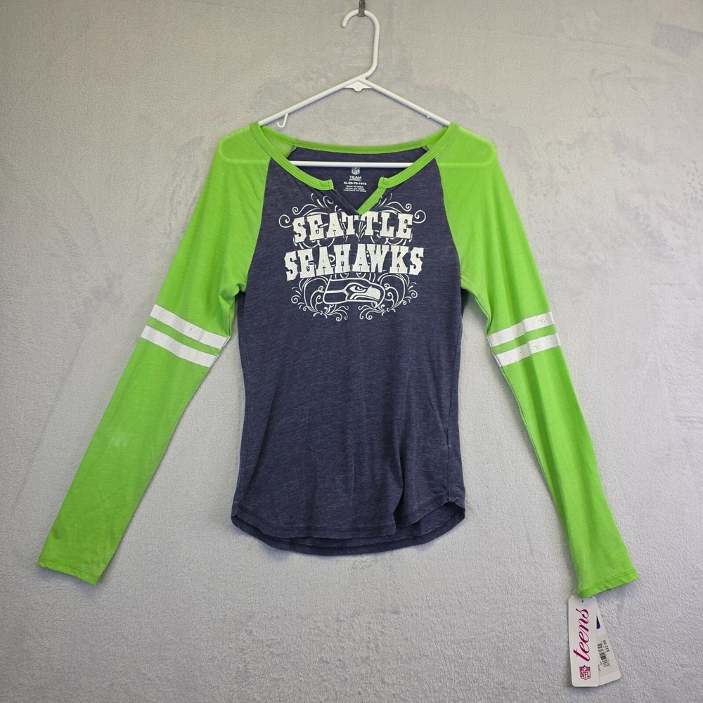 Seattle Seahawks Shirt Juniors XL Gray Green NFL Football Henley Graphics Print